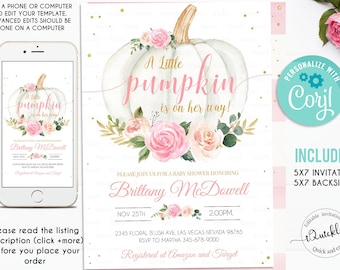 EDITABLE Pumpkin Baby Shower Invitation, Floral Pink and gold Girl white Pumpkin Baby Shower Invites, Fall, Autumn Instant Download Template