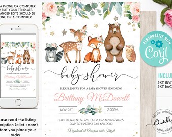 Woodland Girl Baby Shower Invitation, EDITABLE invite Forest Woodland animals invitations Digital Woodland Theme Invites Instant download