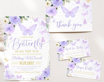 Editable Purple Butterfly Baby Shower Invitation Bundle Set Girl Butterfly Theme invite Diaper Book Printable Template Instant Download