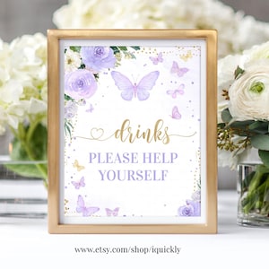 Butterfly Baby Shower Drinks Please Help Yourself Game Sign Purple Butterfly Table Sign Digital Printable Instant Download BU102