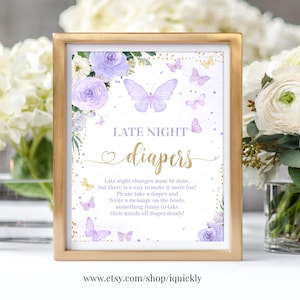 Butterfly Late Night Diapers Baby Shower Game Purple Butterfly Late Night Diapers Sign Diaper Games Digital Download Instant Download BU102