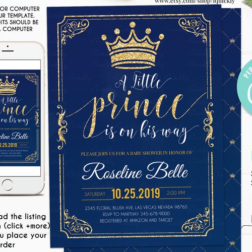 Prince Baby Shower Invitation EDITABLE Crown Navy and Gold Etsy