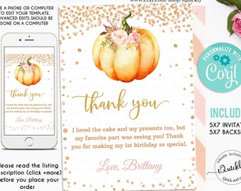 Editable Pumpkin Thank you card, Little pumpkin note card, Fall Autumn 1st Birthday card Instant download Printable template