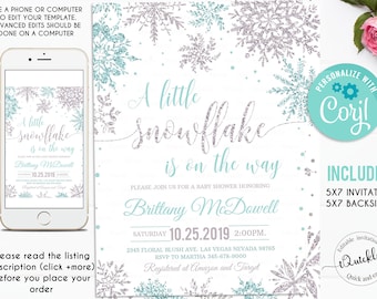 Snowflake baby shower invitation, EDITABLE A little snowflake is on the way invitations, Boy Winter blue silver invites, Template download