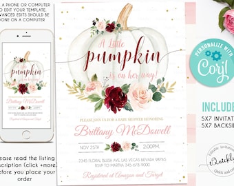 Little Pumpkin Baby Shower Invitation girl, EDITABLE Fall Baby Shower Invites, Burgundy fall Autumn Instant Download Template printable