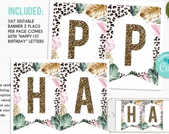 Editable Safari Animals Birthday Banner Leopard Print Safari Any Age Fully Editable Birthday Party Banner Digital Instant Download LE006