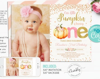 Editable Pumpkin First Birthday Invitation, Little pumpkin photo Invitations Girl Fall Autumn 1st Birthday Invites Instant download template