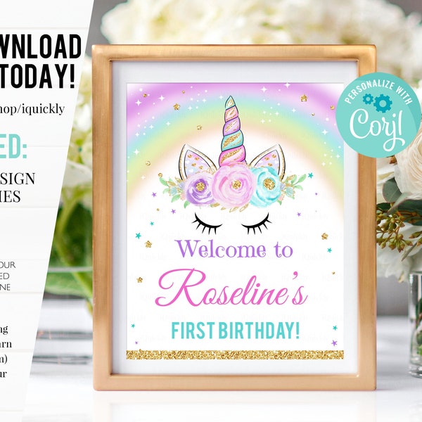 Unicorn Welcome sign, EDITABLE Unicorn Party Sign, Unicorn Birthday, Magical Unicorn Sign, Girl gold Template Digital Instant Download