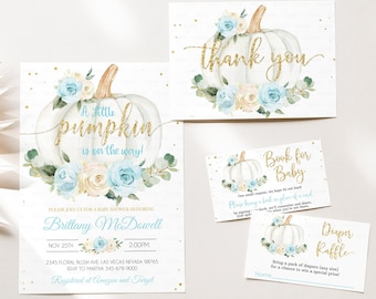 Editable Pumpkin Baby Shower Invitation Set Blue and gold Little pumpkin invitations Package White Pumpkin Bundle Pack Instant download