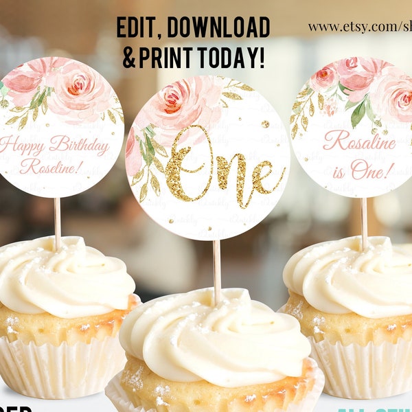 EDITABLE Floral blush pink Cupcake Toppers, Girl Baby Shower Decorations, Birthday Pink & gold Cake toppers Instant download Printable