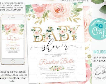 Blush Pink Floral Baby Shower Invitation, EDITABLE Invitation, Printable Baby Shower Invite Template, Sweet Baby Girl, Instant Download