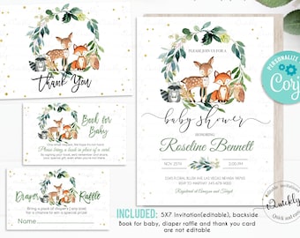 Woodland Baby Shower Invitation Set, EDITABLE, Gender Neutral Pack, woodland animals invitations,Package, Woodland Theme  Instant download