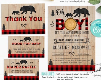 Lumberjack Baby Shower Invitation Bundle Editable, Buffalo Plaid Pack Diaper raffle, Book for Baby Set, Rustic Boy Package, Instant Download