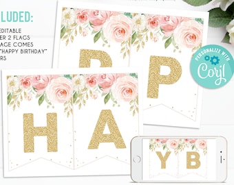 EDITABLE Blush Pink Floral Banner, Birthday Banner, Printable 1st Birthday buting banner, Baby Shower Template, Boho Girl, Instant download