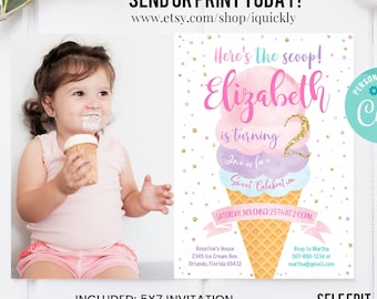 Editable Ice Cream Birthday Invitation First Birthday Party Here's the Scoop Photo Pink Mint Gold Purple Printable Template Instant download