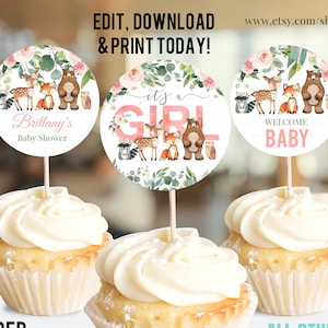 EDITABLE Woodland baby shower, Cupcake Toppers Girl Baby Shower Decorations, Baby Forest animals Birthday toppers Instant download Printable
