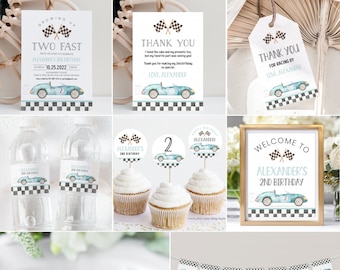Editable Two fast Party Decorations Racecar Package Birthday Racing car Vintage Boy Bundle Party Package Template Instant Download FA01