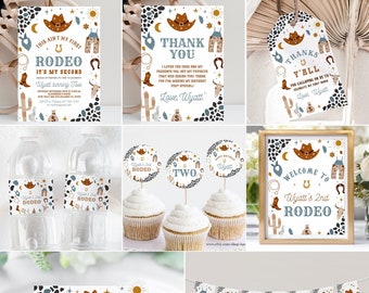 May include: Editable party package for a second birthday with a rodeo theme. The package includes invitations, thank you tags, cupcake toppers, a welcome sign, a banner, and a place card. The design features a cowboy hat, boots, cacti, and stars in shades of brown, blue, and gold.