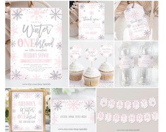 May include: Editable party package for a Winter Wonderland themed first birthday. The package includes a printable invitation, cupcake toppers, water bottle labels, a banner, and a sign. The design features snowflakes, glitter, and pink and silver colours.