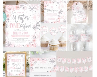 May include: Editable party package for a Winter Wonderland themed first birthday party. The package includes a printable invitation, thank you card, cupcake toppers, water bottle labels, a banner, and a sign. The design features pink and silver snowflakes, flowers, and the text "Winter Wonderland".