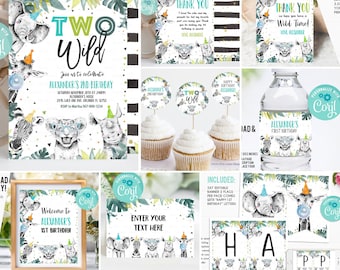 May include: Editable party package for a child's birthday with a jungle theme. The package includes a banner, cupcake toppers, water bottle labels, and a welcome sign. The colors are green, blue, and black. The text on the banner says "Happy 1st Birthday".