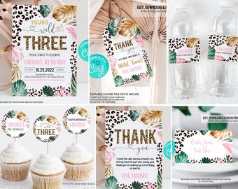 Editable Leopard print Party Package Decorations Girl Young Wild Three Party Birthday Invite Bundle Jungle animals Digital Instant Download