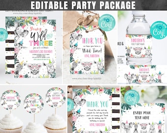 Editable Safari Party Decorations Girl Young wild three Party Package Birthday Invitations Bundle Jungle Template Digital Instant Download