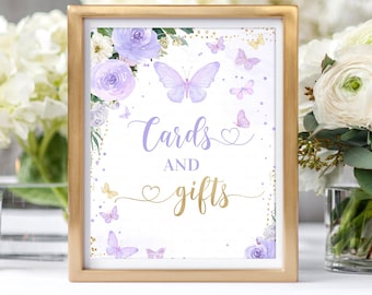Butterfly Baby Shower Cards and Gifts Sign 8x10 Purple Butterfly Cards and Gifts Sign, Printable Sign Digital Instant Download BU102