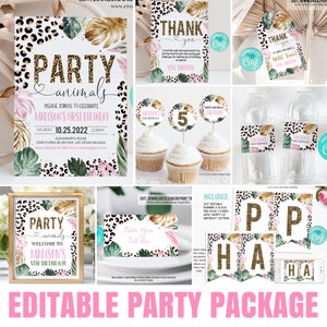 Editable Leopard print Party Decorations Girl Party animals Package Birthday Invite Bundle Jungle animals Template Digital Instant Download