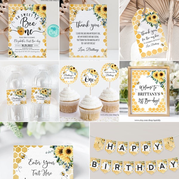 Editable Bee Party Decorations Honey bee Package Birthday Sweet to bee one Bundle Party Package Template Digital Instant Download BEE013
