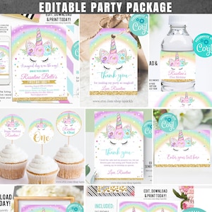 Editable Unicorn Party Decorations, Unicorn Party Package Birthday Invitations Magical Unicorn Invite Girl Template Digital Instant Download