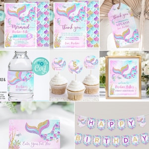 Editable Mermaid Party Decorations Under the sea Package Birthday Bundle Party Package Template Digital Instant Download M1
