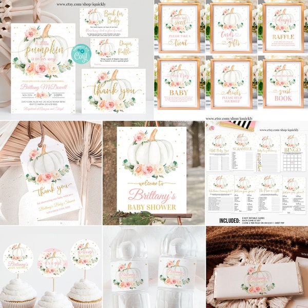 Editable Pumpkin Baby Shower Party Package bundle, Little pumpkin Party Decorations Package Set Pack Printable Template Instant download