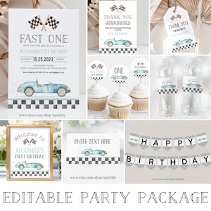 Editable Fast one Party Decorations Racecar Package Birthday Racing car Vintage Boy Bundle Package Template Digital Instant Download FA05