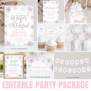 Editable Winter Onederland Party Decorations Girl Snowflake Package first Pink Silver Winter Wonderland Bundle Party Template Download