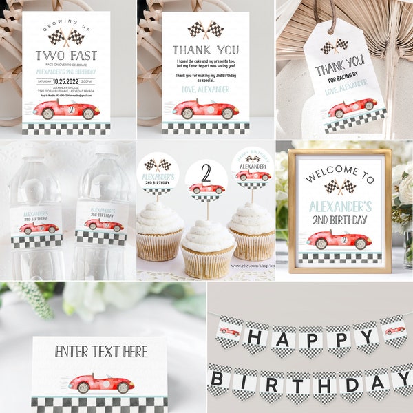 Editable Two fast Party Decorations Racecar Package Birthday Racing car Vintage Boy Bundle Party Template Digital Instant Download FA03