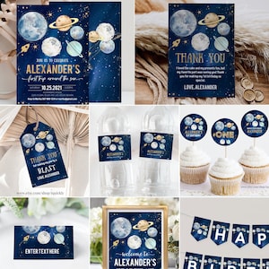 Editable Space Birthday Invitation Bundle Party 1st Birthday First Trip Around the Sun Galaxy Boy Astronaut Blast Printable Corjl Template