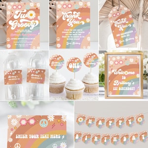Editable Two Groovy Party Decorations Daisy Party Package Birthday Invitations Bundle Retro Hippie Template Digital Instant Download