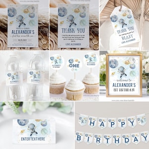 Editable Space Birthday Invitation Bundle Party 1st Birthday First Trip Around the Sun Galaxy Boy Astronaut Blast Printable Corjl Template