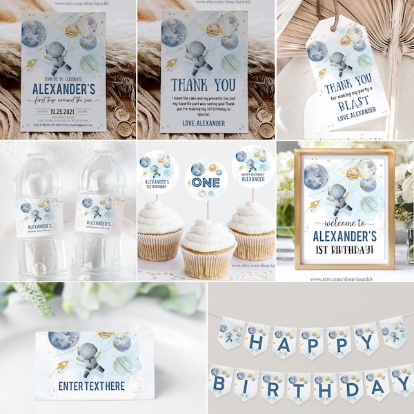 Editable Space Birthday Invitation Bundle Party 1st Birthday First Trip Around the Sun Galaxy Boy Astronaut Blast Printable Corjl Template
