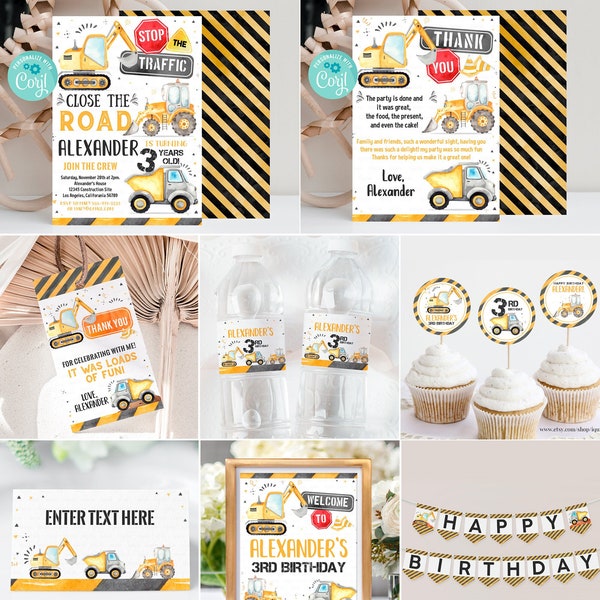 Editable Construction Party Decorations, Dump Truck Party Package Birthday, Boy Bundle Party Package Template Digital Instant Download