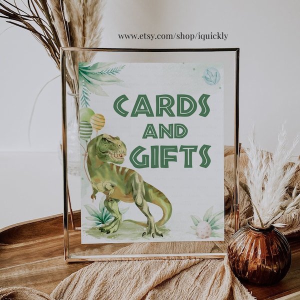 Cards And Gifts Sign Table Decor Dinosaur Sign Dino Gift Table Prehistoric Party Boy Green Gold Gift Table Jungle Leaves Sign PRINTABLE