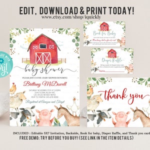 Set di inviti per la doccia per bambini in fattoria, pacchetto neutro rispetto al genere EDITABILE, inviti per animali da fattoria, pacchetto tema fattoria per bambini Baby shower Download immediato