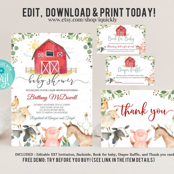 Farm Baby Shower Invitation Set, EDITABLE Gender Neutral Pack, Farm animals invitations, Package Farm Theme Boy Baby shower Instant download