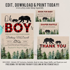 Lumberjack Baby Shower Invitation Bundle Editable, Buffalo Plaid Pack Diaper raffle, Book for Baby Set, Rustic Boy Package, Instant Download image 1