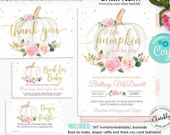 Editable Pumpkin Baby Shower Invitation Set, Pink and gold Little pumpkin invitations Package White Pumpkin Bundle Pack Instant download