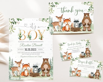 Woodland Baby Shower Invitation Set, EDITABLE Its a boy Pack, woodland animals invitations,Package, Woodland Theme Instant download
