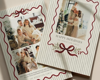 May include: Two holiday greeting cards with family photos. The cards have a striped background with a red scalloped border. One card says "Happy Holidays" and the other says "May your home be warm with joy".