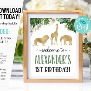 Editable Jungle gold Welcome Sign Party Animal Sign Zoo Safari Welcome Jungle Sign Birthday Animals Boy Template Printable Corjl