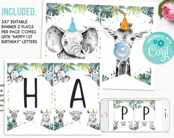 Happy Birthday Banner Safari Animals Pink Party Animals Wild One Birthday Boy Zoo Decorations Instant download Printable Digital